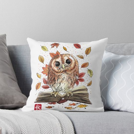 Discover Owl Leaves and Books Pillow