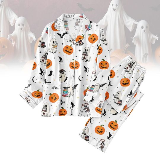 Discover Ghost Reading Books Pajamas, Bookish Pumpkin Halloween Pjs