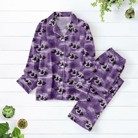 Hocus Pocus Pajamas Set, Purple Witch Flying Moon Pajamas, Halloween Magic Sleepwear