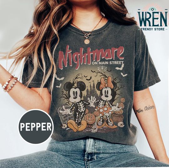 Discover Vintage Mickey & Minnie Skeleton Nightmare On Main Street Comfort Colors Shirts, Mickey Skeleton Shirts, Disney Trip Halloween 2025 Shirts
