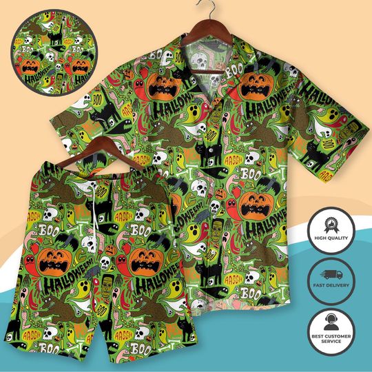 Discover Halloween Hawaiian Shirt & Shorts Set - Spooky Pumpkin, Ghost, Skull Print - Aloha Vacation Outfit - Funny Holiday Party Costume  Men Women