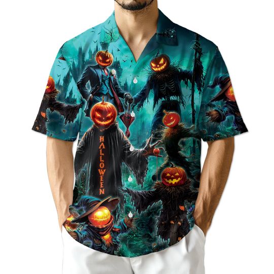 Discover Pumpkin Happy Halloween Unisex Hawaiian Shirt, Short Sleeve Aloha Shirt, Spooky Beach Vacation Top, Men Women S-5XL
