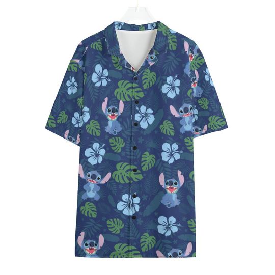 Discover Disney Stitch Button Up Shirt, Blue Flower & Green Leaf Hawaii Pattern, Lilo Stitch Movie Cosplay, Tropical Hawaiian Costume, Aloha Outfits