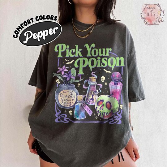 Discover Pick Your Poison Shirt, Vintage Princess Halloween T-Shirt, Retro Disneyland Villains Cartoon Shirt, Spooky Season, Funny Poison Apple Shirt