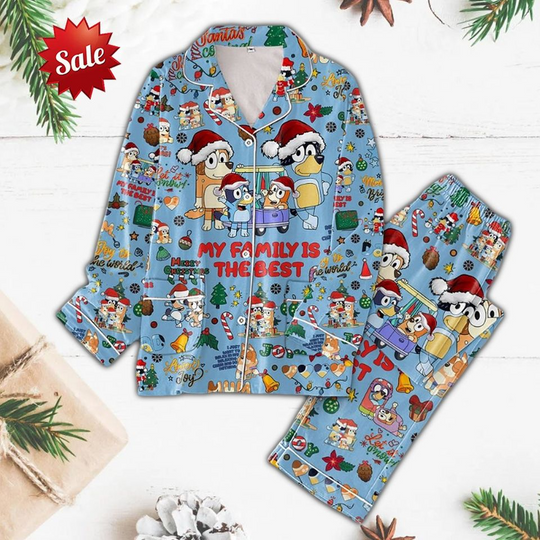 Christmas Blue Family Pajamas, Blue Dog Christmas Family Pajamas