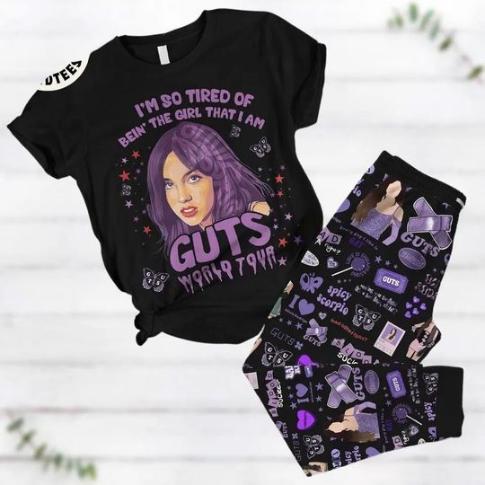 Olivia Rodrigo Pajamas Set, Olivia Guts Music Concert 2024 Pjs, Olivia Guts So Tired Of Bein The Girl That I Am Guts Worl Tour Shirt