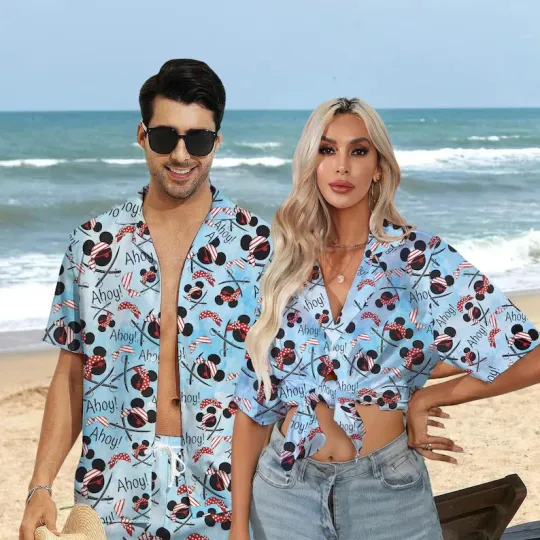 Discover Disney Pirates Of The Caribbean Mickey Mouse Cruise Pirate Blue Hawaiian Shirt