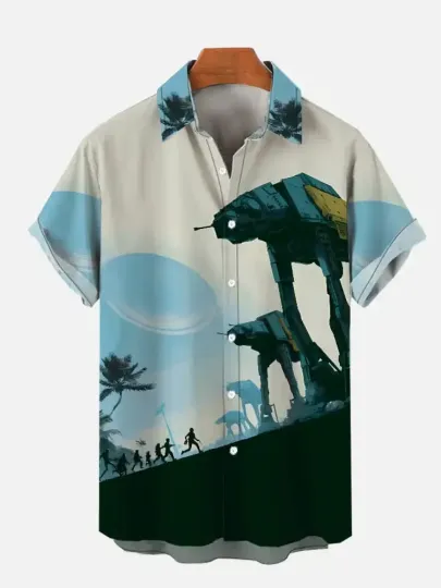 Discover Disney Star Wars At-At Walker Sunset Battle Blue Hawaiian Shirt