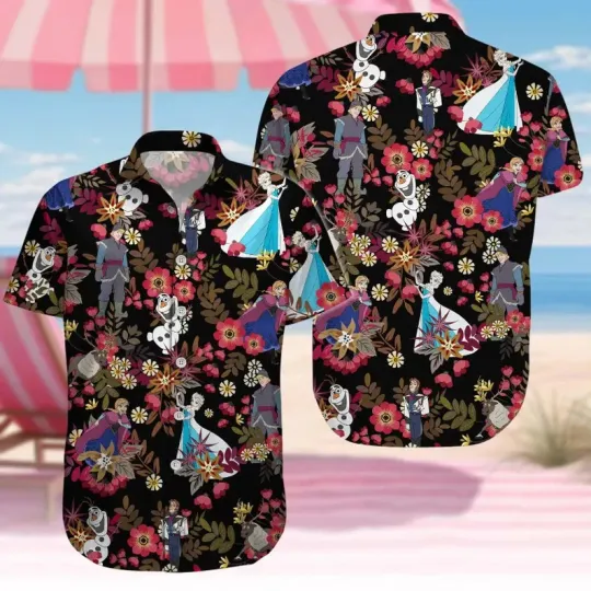 Discover Disney Frozen Princess Elsa Tropical Castle Black Hawaiian Shirt