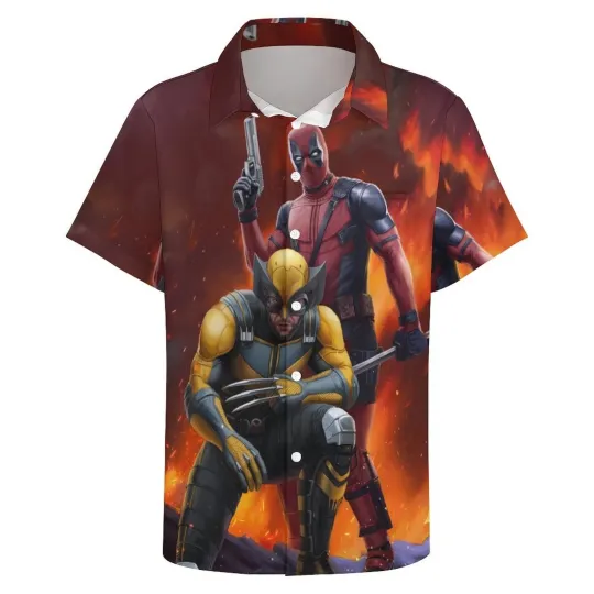 Discover Disney Marvel Deadpool & Wolverine Battle Pose Fire Aloha Hawaiian Shirt