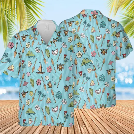 Discover Disney Moana Maui Pua And Heihei Tropical Summer Teal Hawaiian Shirt