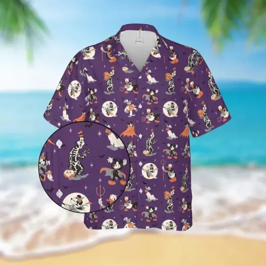 Discover Disney Mickey's Not So Scary 2025 Halloween Vintage Purple Hawaiian Shirt