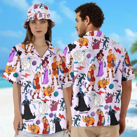 Disney Retro 90s Hercules Megara Phil Pegasus Hades Hawaiian Shirt