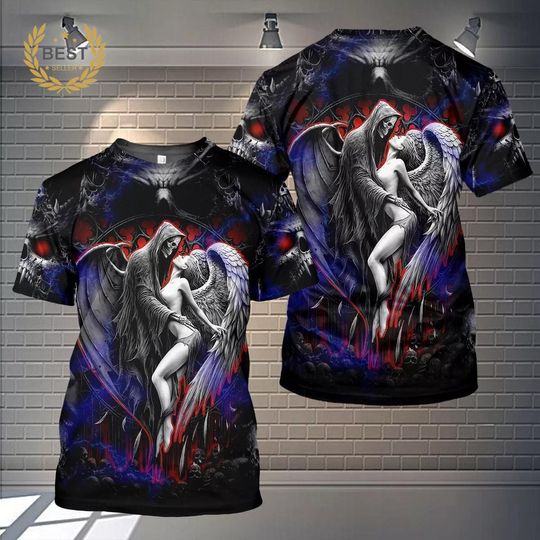 Discover Men's T-Shirt For Biker Hell Grim Reaper And Angel Horror 3D All Over Print