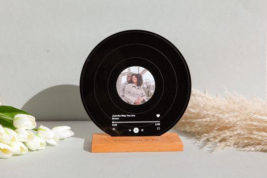 Personalized Vinyl with Wooden Stand - Personalized Record with Your Photo as Valentines Day Gift - Custom Song Plaque as Anniversary Gift