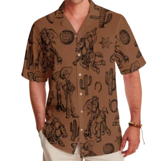Discover Disney Toy Story Cowgirl Cowboy Western Country Brown Hawaiian Shirt