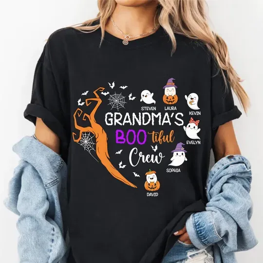 Discover Personalized Grandma Halloween T-Shirt, Custom Grandkids Names, Fall Tee