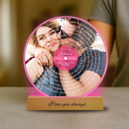 Discover Personalized Song Lyrics & Photo LED Plaque: Engraved Wooden Base