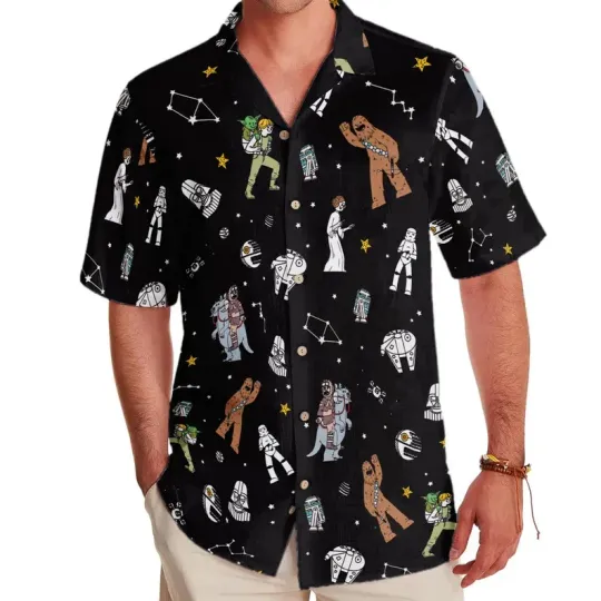 Discover Disney Star Wars Characters Grogu Leia R2-d2 Galaxy's Edge Black Hawaiian Shirt