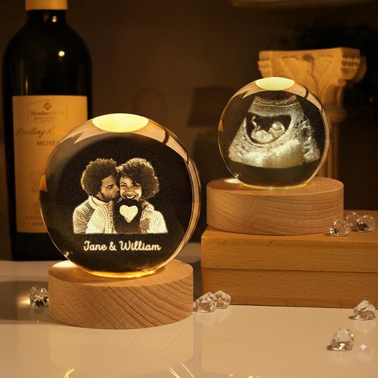Personalized Crystal Ball Night Light: Custom 2D Photo Crystal Lamp, Romantic Anniversary, Wedding, Birthday or Memorial Gift