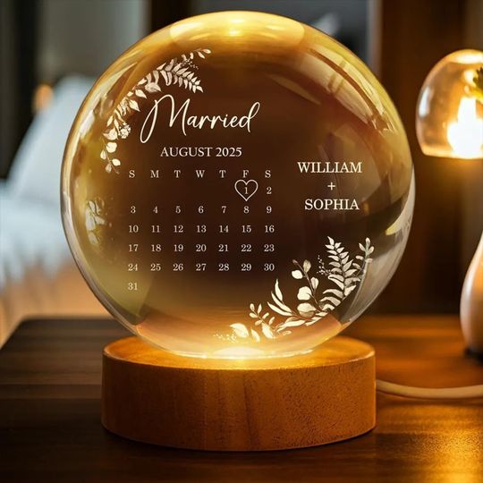 Personalized Crystal Globe Lamp: Engraved Calendar Wedding Keepsake