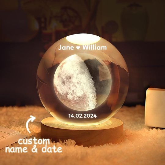 2D Moon Phase Crystal Ball with Wooden Stand - Lunar Night Light