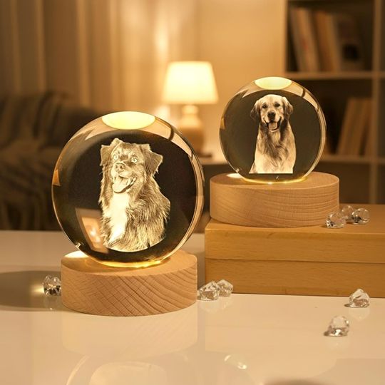 Personalized Crystal Ball Night Light: Engraved Pet Portrait Gift ,3D Crystal Photo Gift for Pet