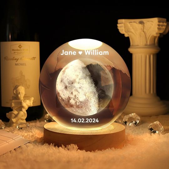 Personalized Moon Phase Crystal Ball Night Light:  Romantic Anniversary, Wedding, Birthday, Memorial Gift