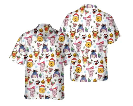 Discover Disney Winnie The Pooh Pooh & Friends Merry Christmas Party White Hawaiian Shirt