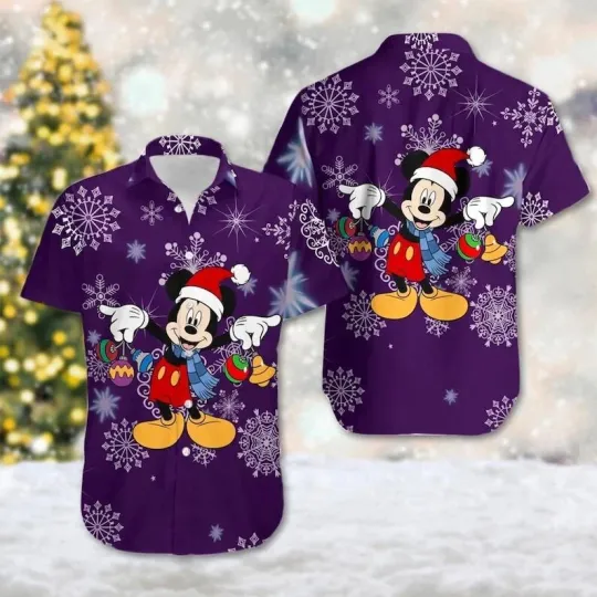 Discover Disney Mickey Mouse With Snowflakes Merry Christmas Purple Hawaiian Shirt