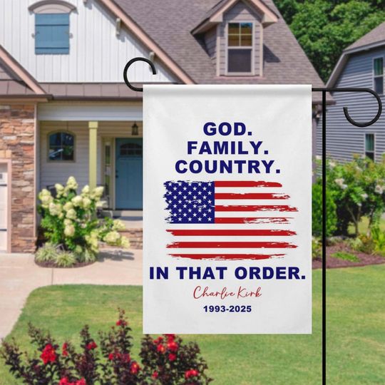 GOD Family Country Garden Flag, Charlie Kirk Merch, Republican House Flag, USA House Banner, Garden Flag USA, Support Charlie Kirk
