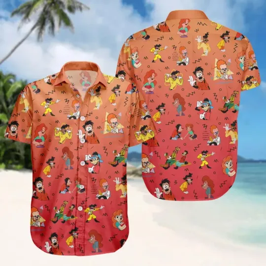 Discover Disney A Goofy Movie Characters Max Roxanne Powerline Orange Hawaiian Shirt
