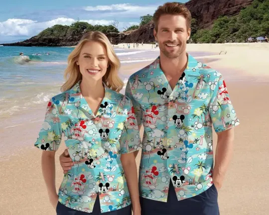 Discover Disney Mickey & Friends Tropical Beach Bubble Pattern Blue Hawaiian Shirt