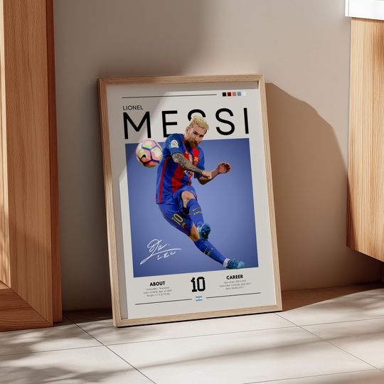 Discover Lionel Messi Barcelona Poster: Retro Soccer Wall Art