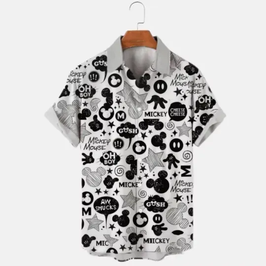 Discover Disney Mickey Mouse Black Pattern Sketched Art Aloha White Hawaiian Shirt