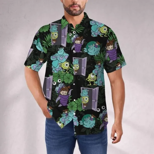 Discover Disney Monster Inc Tropical Summer Style Black Green Hawaiian Shirt