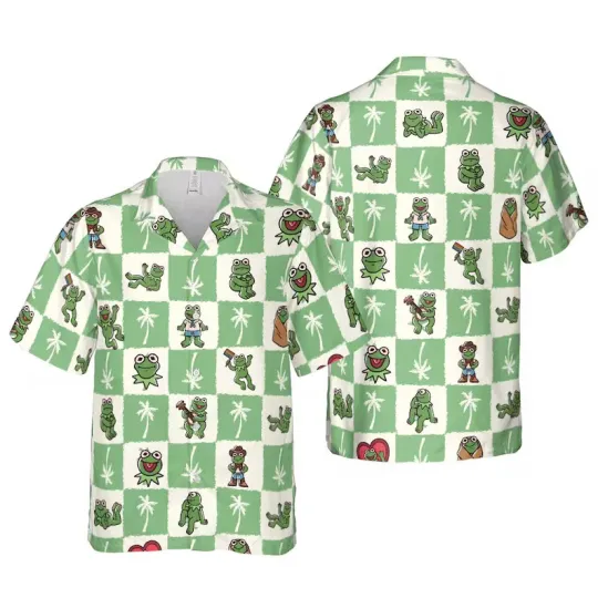 Discover Disney Kermit Singing K the frog Aloha Checkered Green Hawaiian Shirt