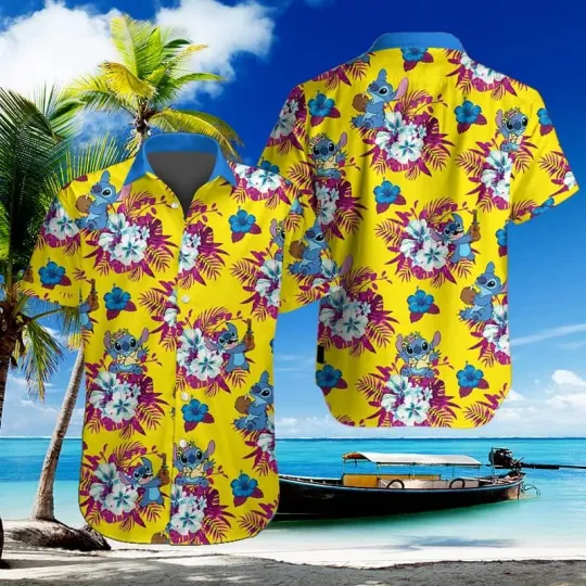 Discover Disney Stitch Tropical Flower Pattern Aloha Summer Beach Yellow Hawaiian Shirt