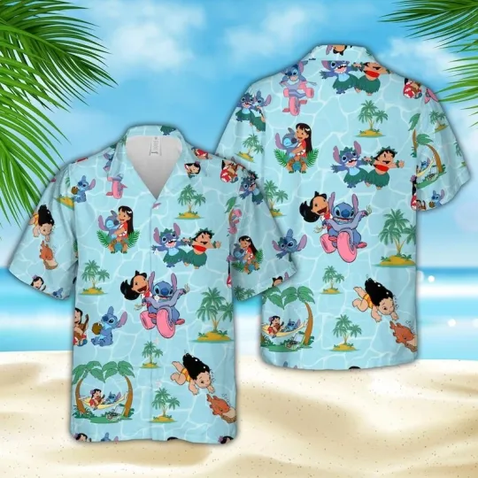 Discover Disney Summer Beach Lilo And Stitch Playing Disney Blue Aloha Hawaiian Shirt