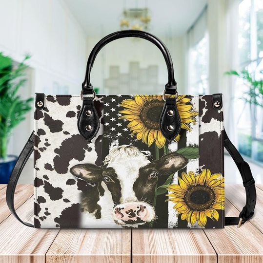 Discover Personalized Cow With Sunflower Leather Handbag, Animal Handbag, Cow Handbag, sunflower Crossbody Bag, sunflower Handbag, Gifts Bag