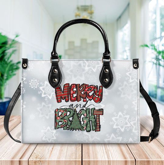 Discover Merry And Bright Leather Handbag, Christmas Handbag, Christmas Crossbody Bag, Lover's Handbag, Christmas Gifts Bag