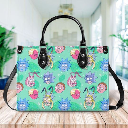 Personalized Rick And Rickandmorty Leather Handbag, Cartoon Leather Handbag, Vintage Crossbody Bag, Custom Handbag, Gifts for Fan