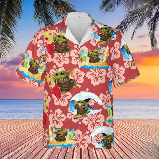 Discover Disney Star Wars Baby Yoda Surfing Tropical Leaves Red Hawaiian Shirt