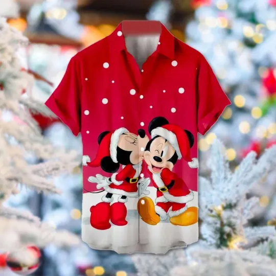 Discover Disney Cute Minnie Kissing Mickey Santa Claus Merry Christmas Hawaiian Shirt