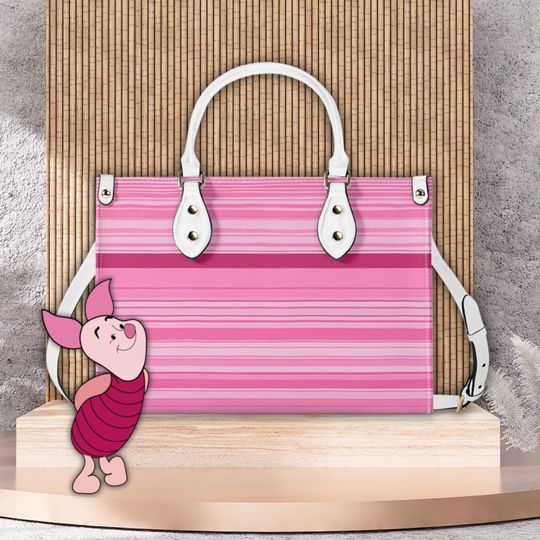 Piglet Leather Handbag, Ladies Pink Stripe Fashion Shoulder Bag, Disney's Piglet Satchel