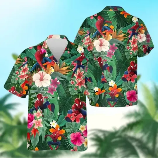 Discover Disney Spider Man Floral Tropical Green Hawaiian Shirt