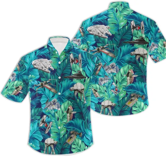 Discover Disney Star Wars Space Ships Tropical Leaves Pattern Aloha Green Hawaiian Shirt