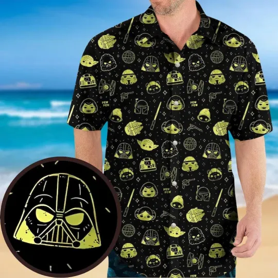 Discover Disney Star Wars Neon Character Head Black Hawaiian Shirt