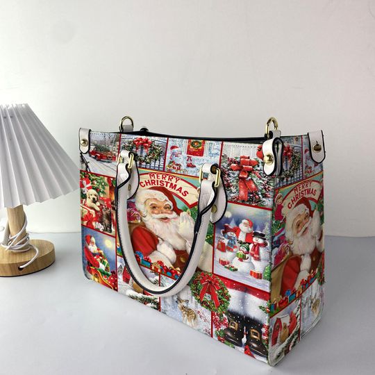 Santa Claus Christmas Women Leather Bag, Santa Claus Lover Handbag