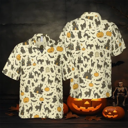 Discover Retro Black Cat & Ghost Halloween, Vintage All-Over Print for Halloween